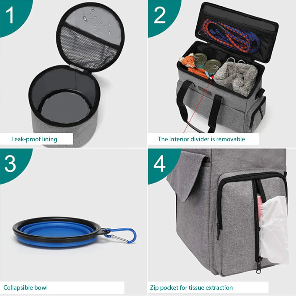 Dog Travel Bag Backpack Pet Accessories Organizer for Week Away/Overnight, w/ 2 Food Bags 1 Waterproof Placemat 2 Foldable Bowls