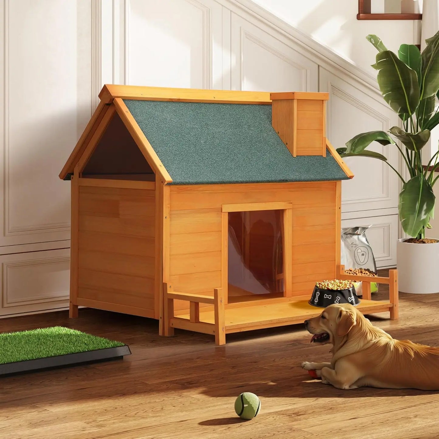 Wooden Dog House, Indoor Outdoor Pet Shelter with Platform, PVC Curtain, Door, Asphalt Roof, Pet House for Small to, Customized