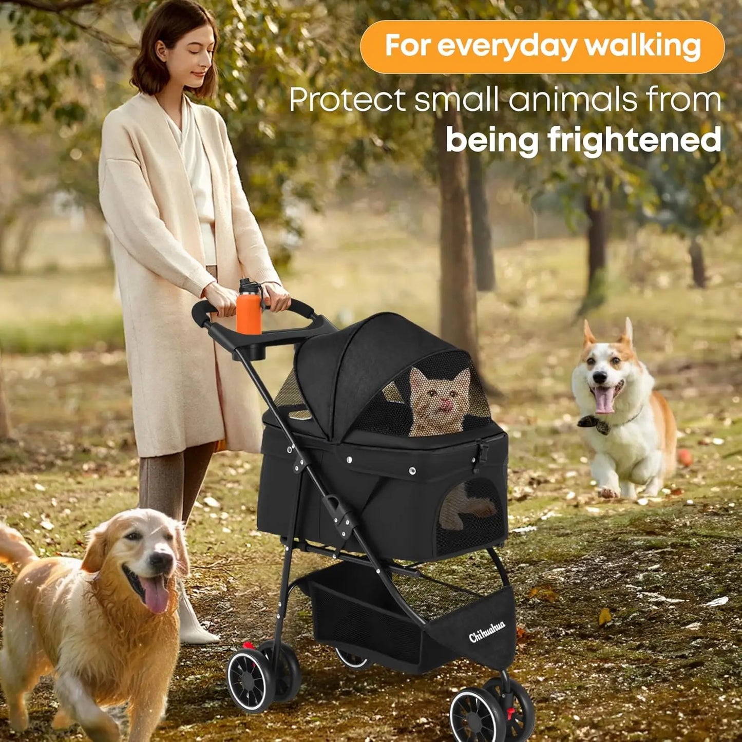 Foldable Pet Stroller for Small Medium Dogs Cats, 3 Wheels with Breathable Mesh Canopy and Cup Holders