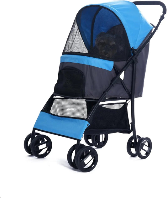 4-Wheel Easy-Fold Pet Stroller with Weather Cover, Storage Basket for Small/Medium Pets up to 33lbs, Blue