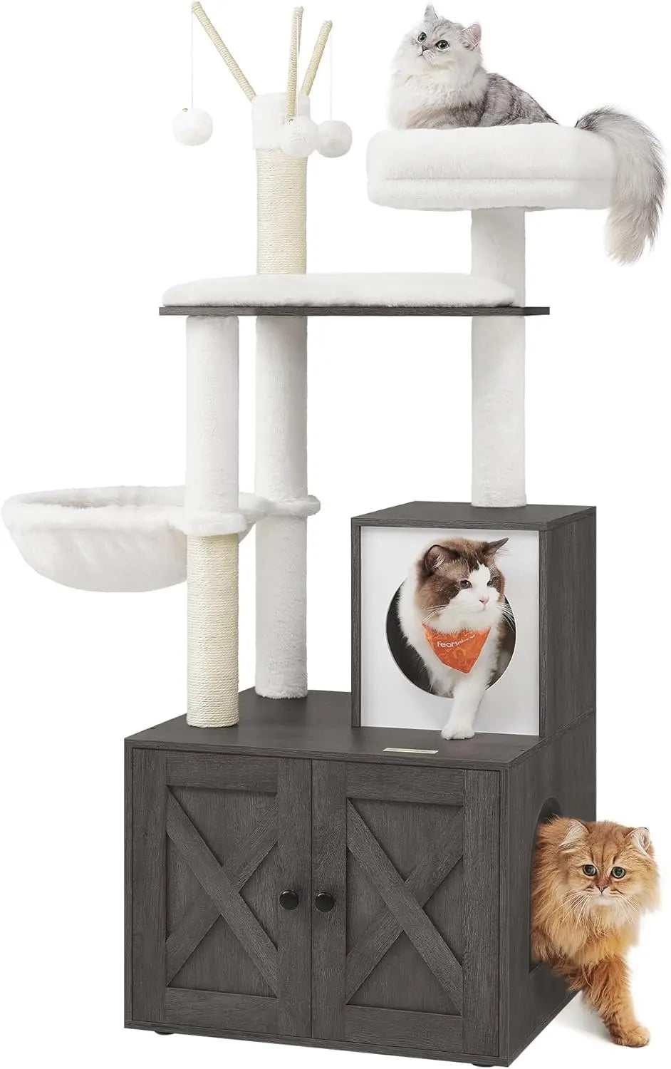 Cat Tree with Litter Box Enclosure, 59-Inch Modern Cat Tower, 2-in-1 Condo with Scratching Posts, Washable Removable Cushion