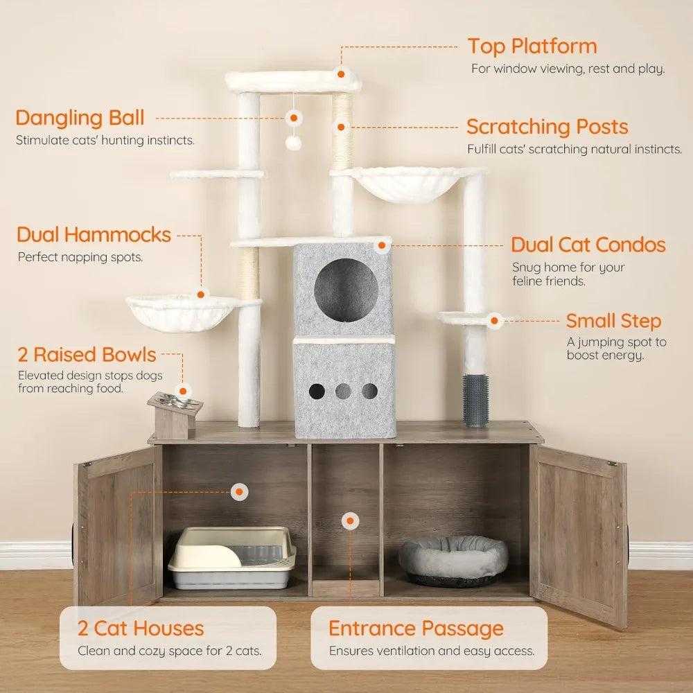 HOOBRO Cat Tree with 47.2 Dual Litter Box Enclosure, 63.4 Tall Multi-Functional Tower for Cats, Hidden Litter Box Enclosure Furn