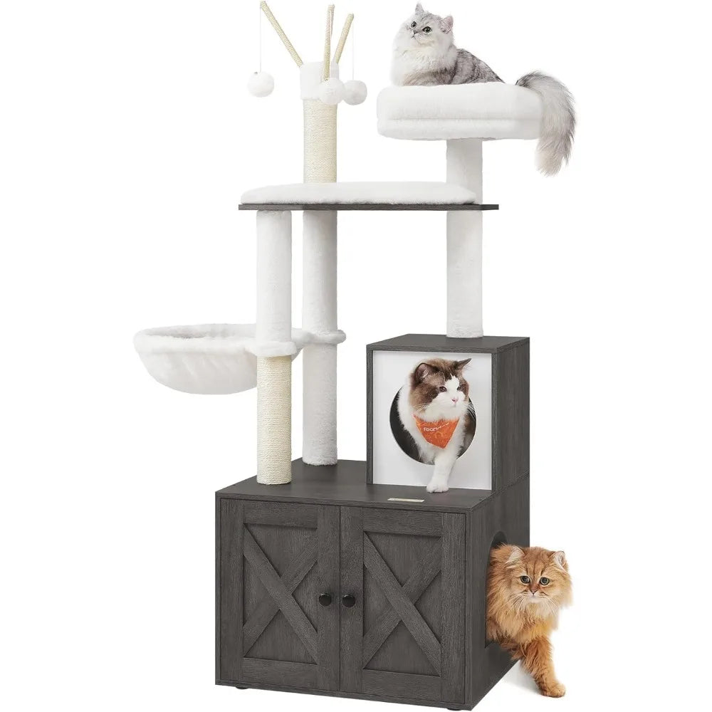 Cat Tree with Litter Box Enclosure, 59-Inch Modern Cat Tower, 2-in-1 Condo with Scratching Posts, Washable Removable Cushion
